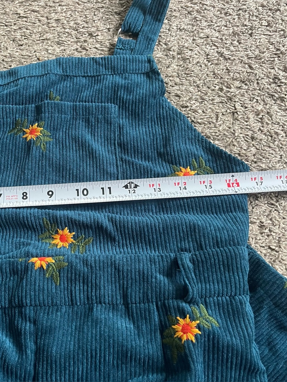 Women's Sunflower Embroidered Corduroy Overalls Teal Medium Boho Wide Leg - Picture 5 of 7